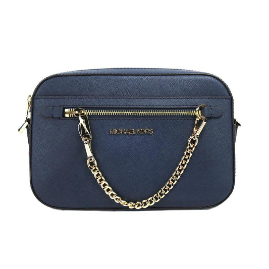 Michael Kors Jet Set Large East West Navy Leather Zip Chain Crossbody Bag Women's Purse