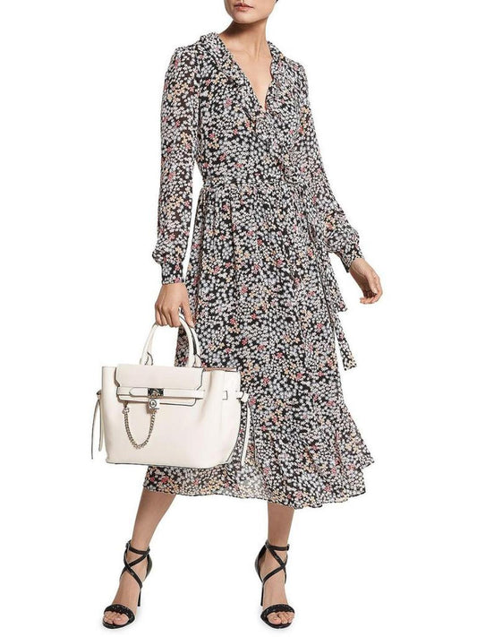 Womens Floral Crepe Midi Wrap Dress