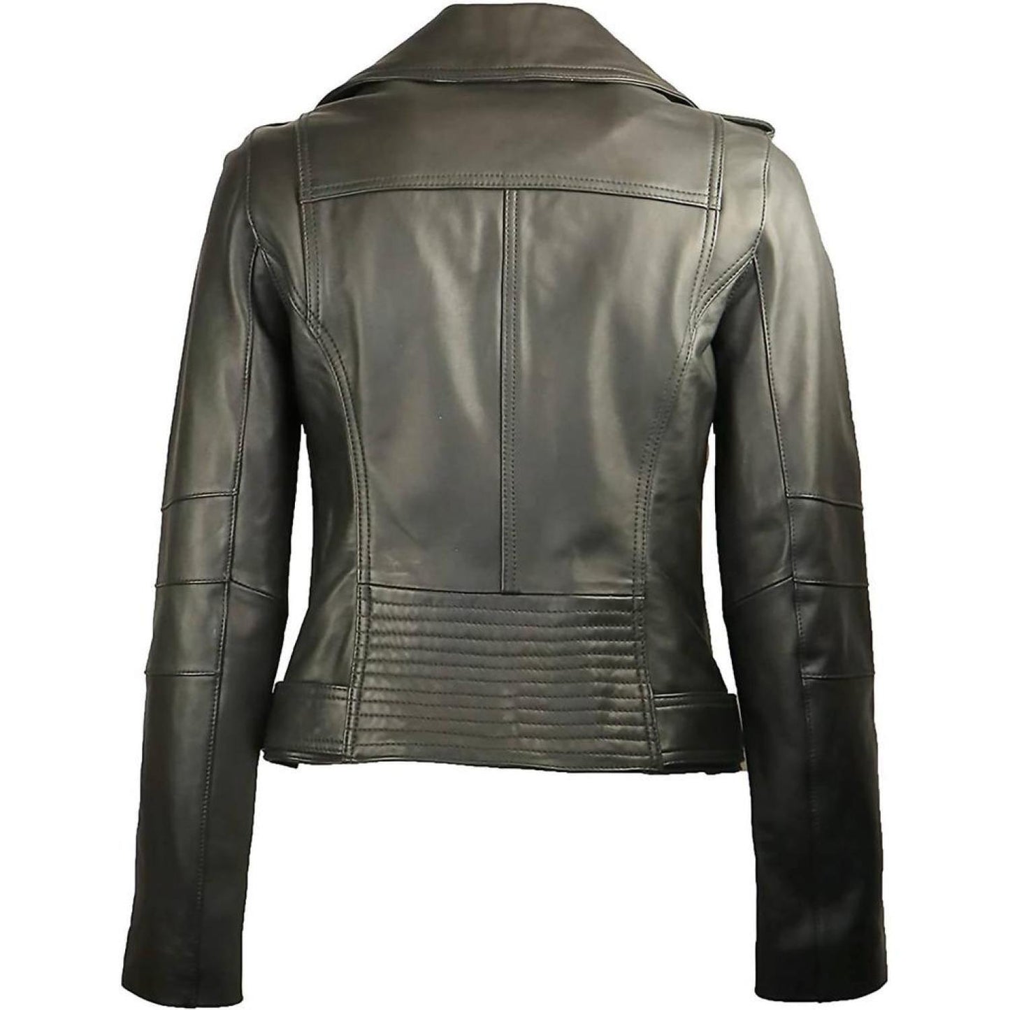 Outerwear Asymmetrical Zip Belted Short Leather Jacket in Black