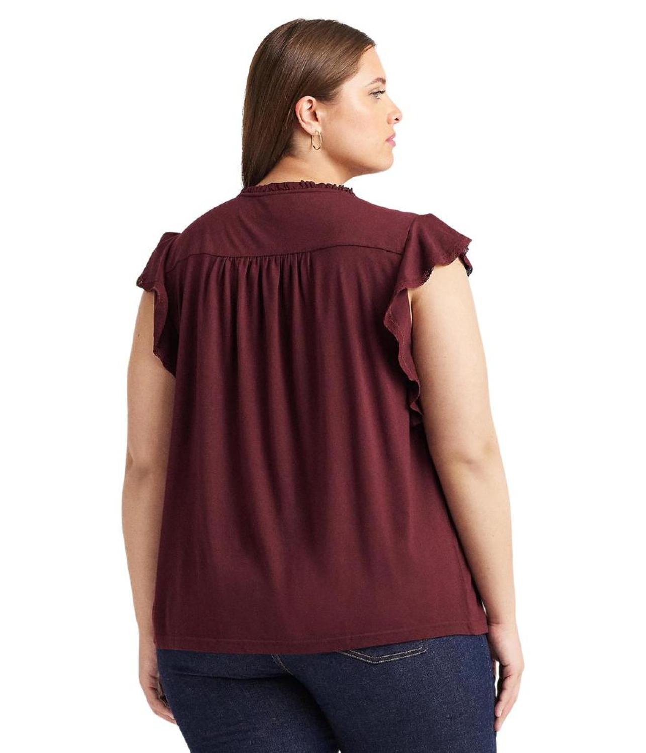 Plus Size Lace-Trim Jersey Flutter-Sleeve Blouse