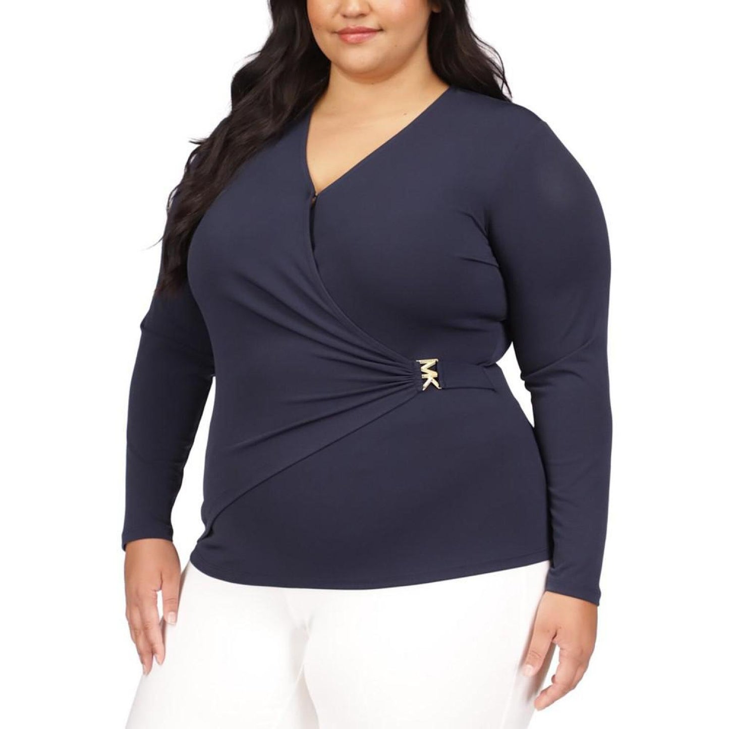 Plus Size Faux-Wrap Logo-Hardware Top