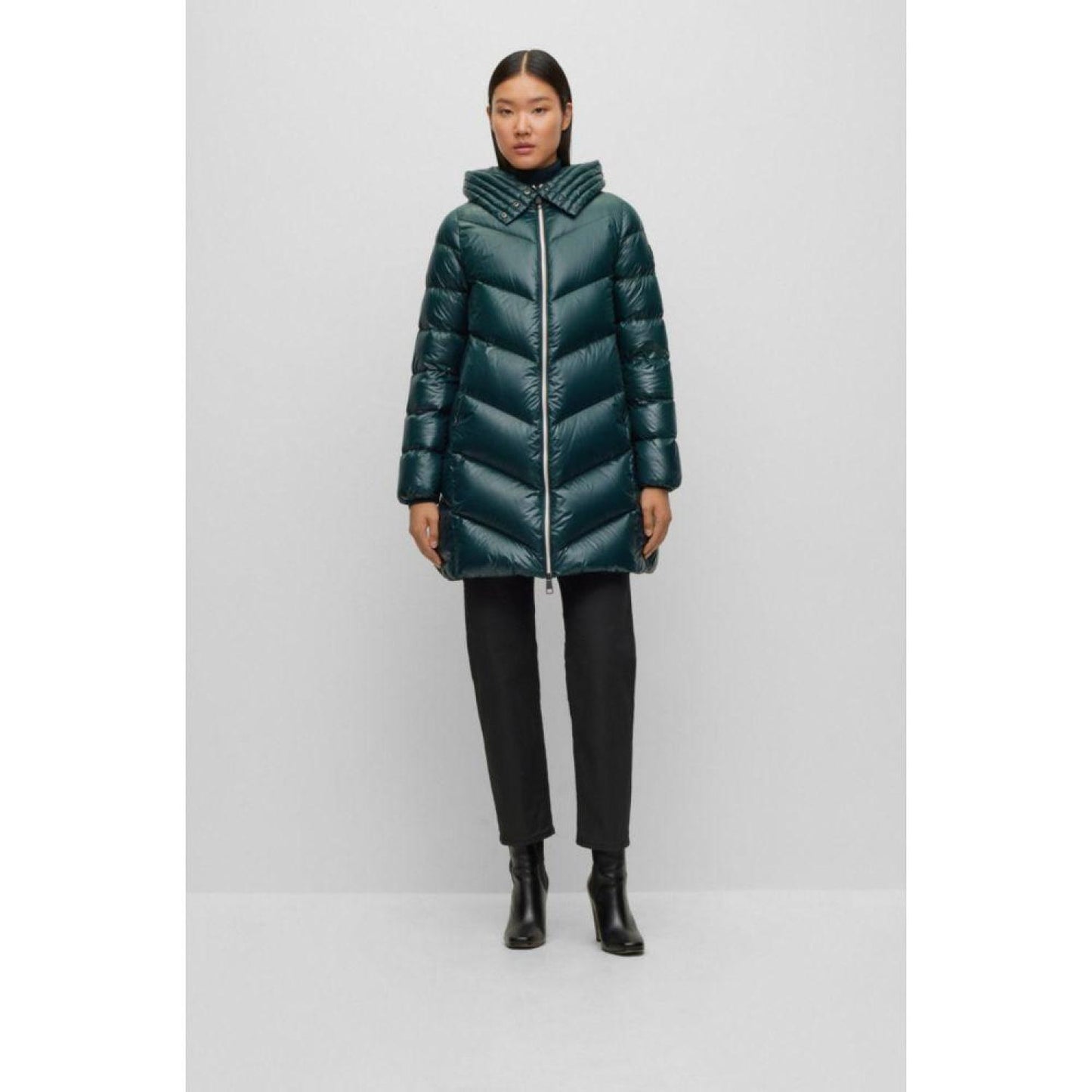 Longline quilted down jacket with oversize hood