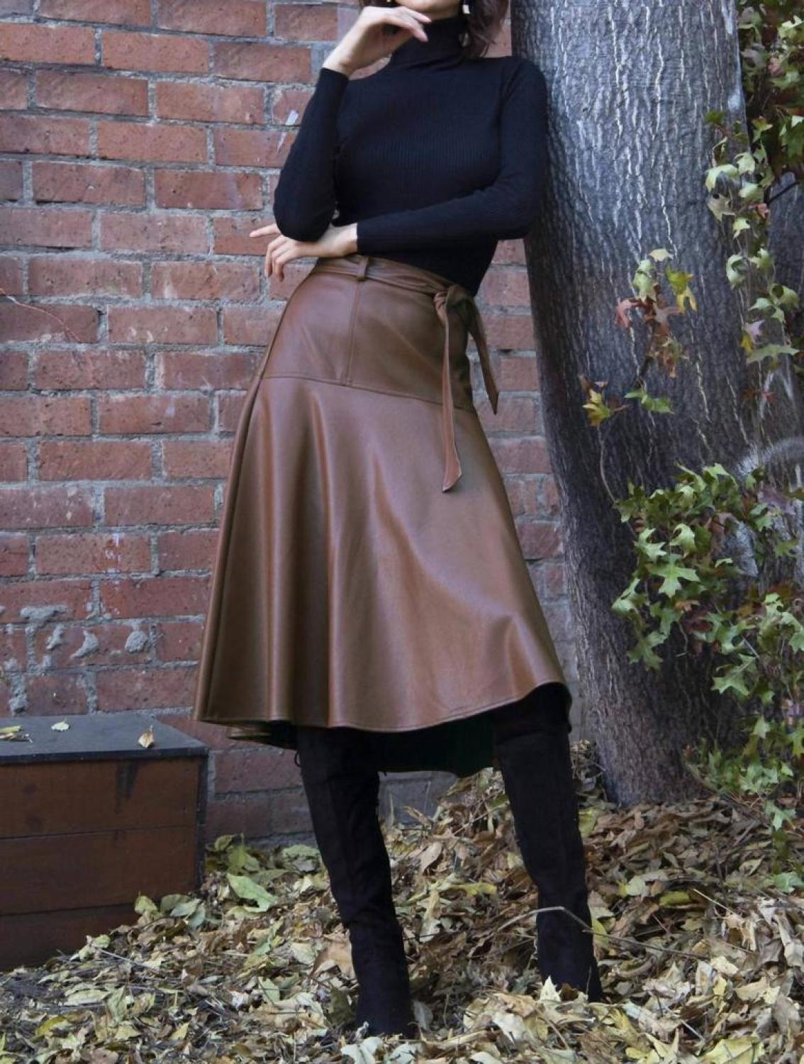 Faux Leather Belted Midi Allas Skirt In Brown