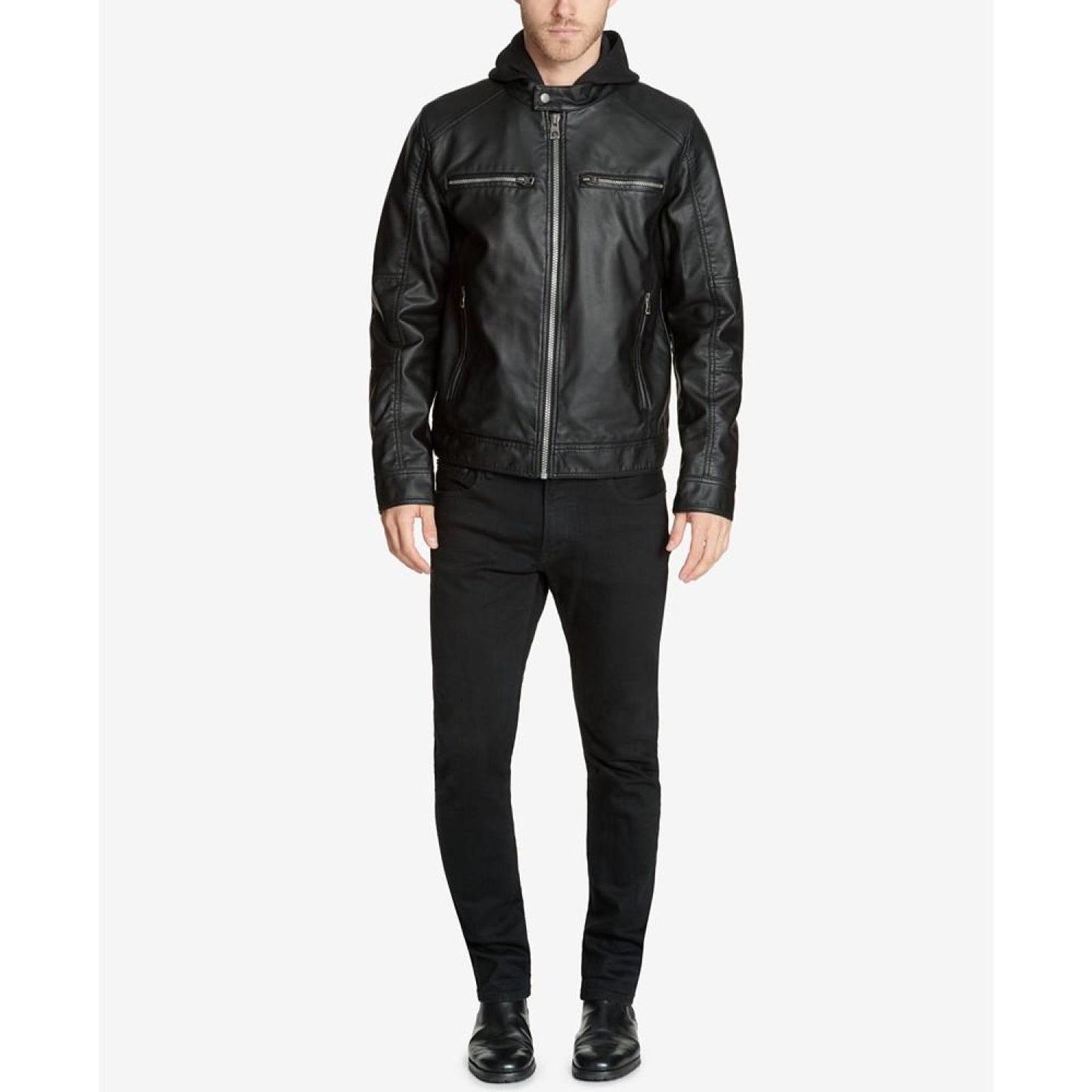 Men's Faux-Leather Detachable-Hood Motorcycle Jacket