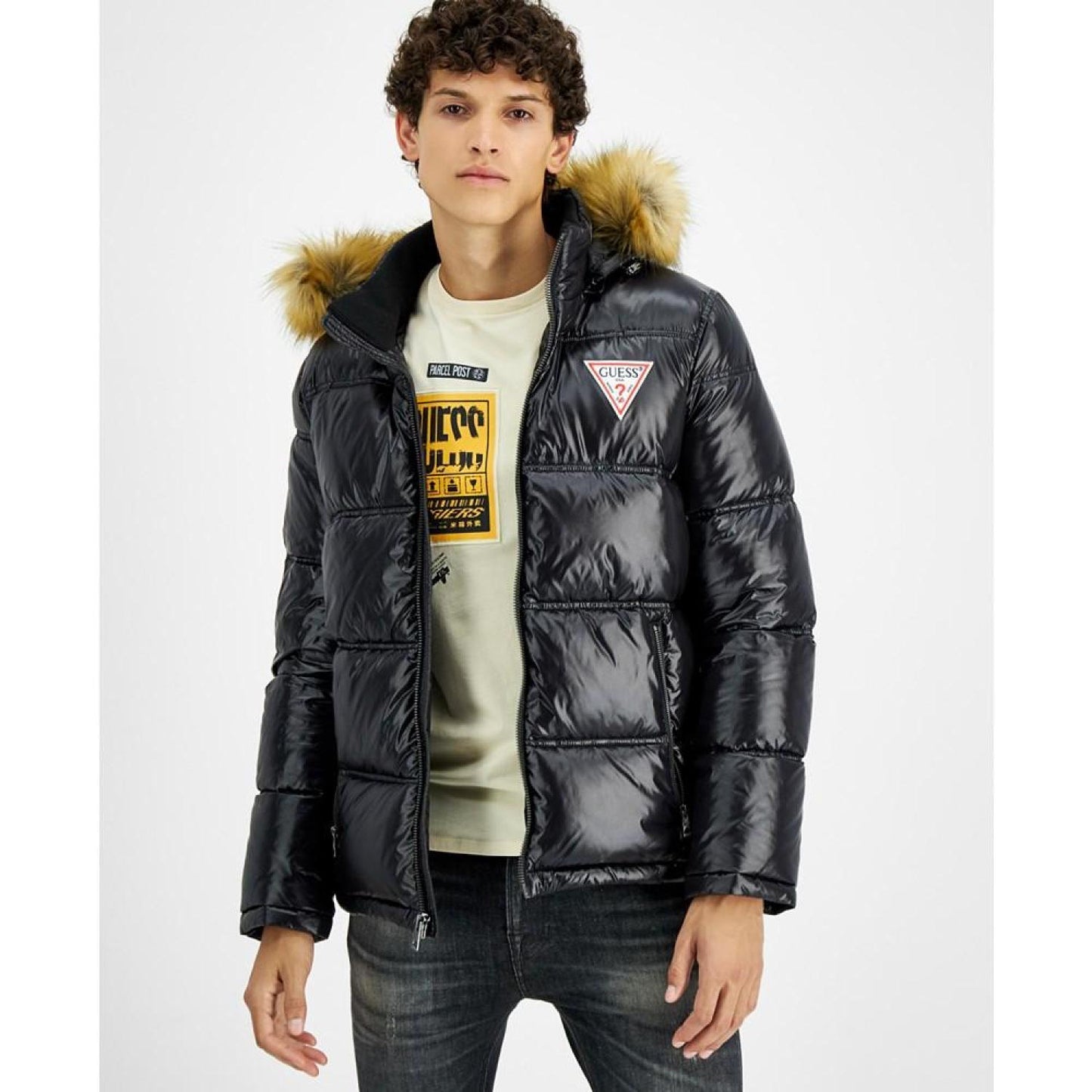 Men's Puffer Jacket With Faux Fur Hood