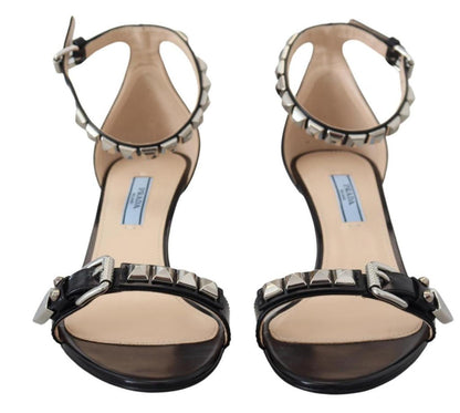 Prada Leather Sandals Ankle Strap Heels Studded Women's Shoes