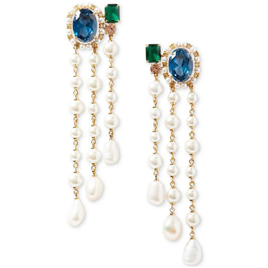 Gold-Tone Multicolor Crystal & Freshwater Pearl Fringe Statement Earrings