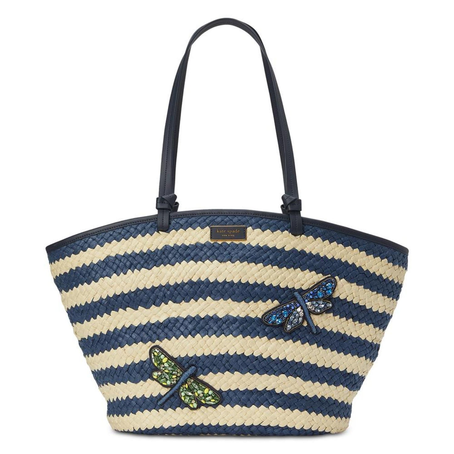 Shore Thing Dragonfly Embellished Striped Straw Large Tote