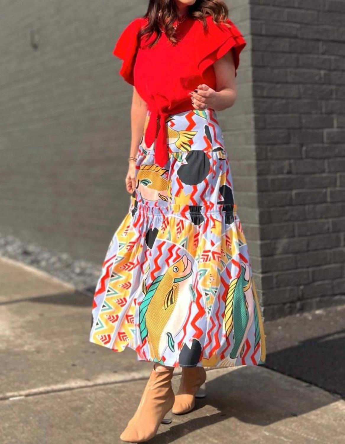 Fish Midi Tiered Skirt In Fun Art Print