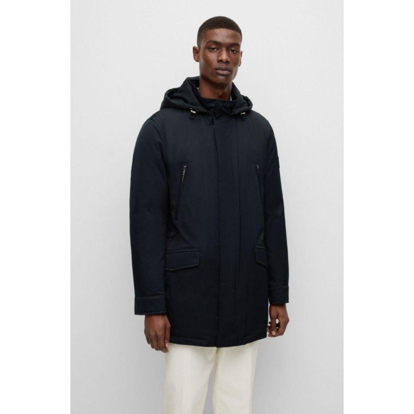 Down-filled hooded jacket with logo patch