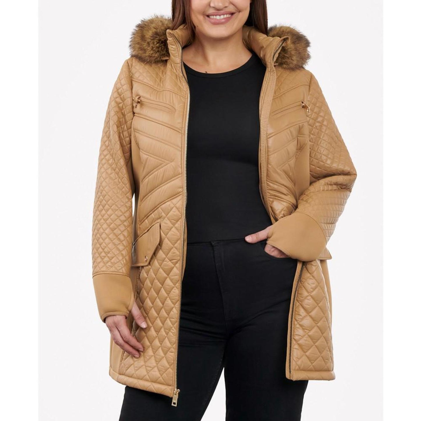 Women's Plus Size Faux-Fur-Trim Hooded Quilted Coat