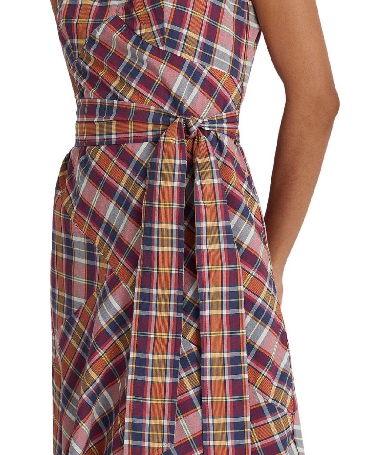 Belted Cotton Madras Sleeveless Dress