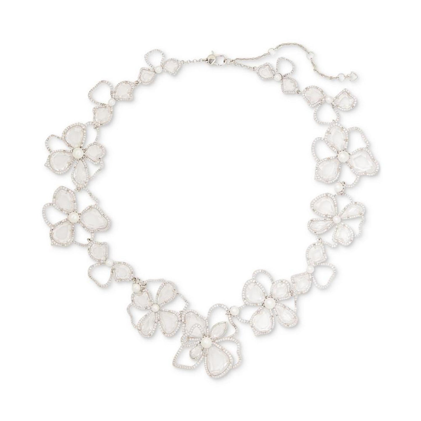 Silver-Tone Cubic Zirconia & Imitation Pearl Flower Statement Necklace, 18" + 3" extender