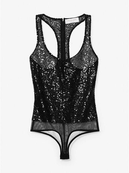 Hand-Embroidered Sequin Stretch Tulle Bodysuit