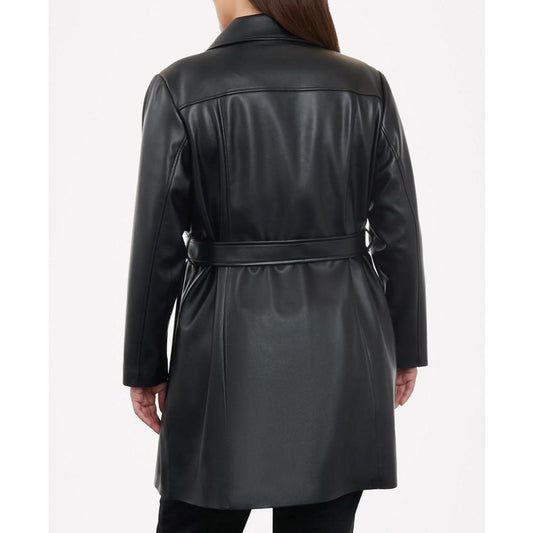 Women's Plus Size Belted Faux-Leather Trench Coat