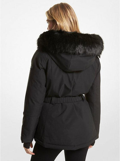 Faux Fur Trim Ciré Belted Parka