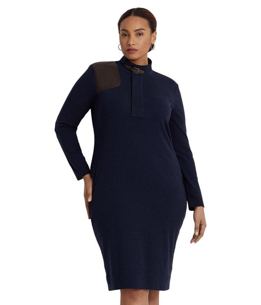 Plus Size Faux Leather-Trim Stretch-Cotton Dress