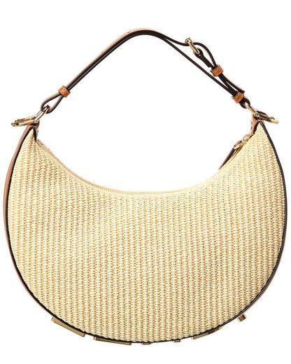 FENDI Fendigraphy Small Straw & Leather Hobo Bag