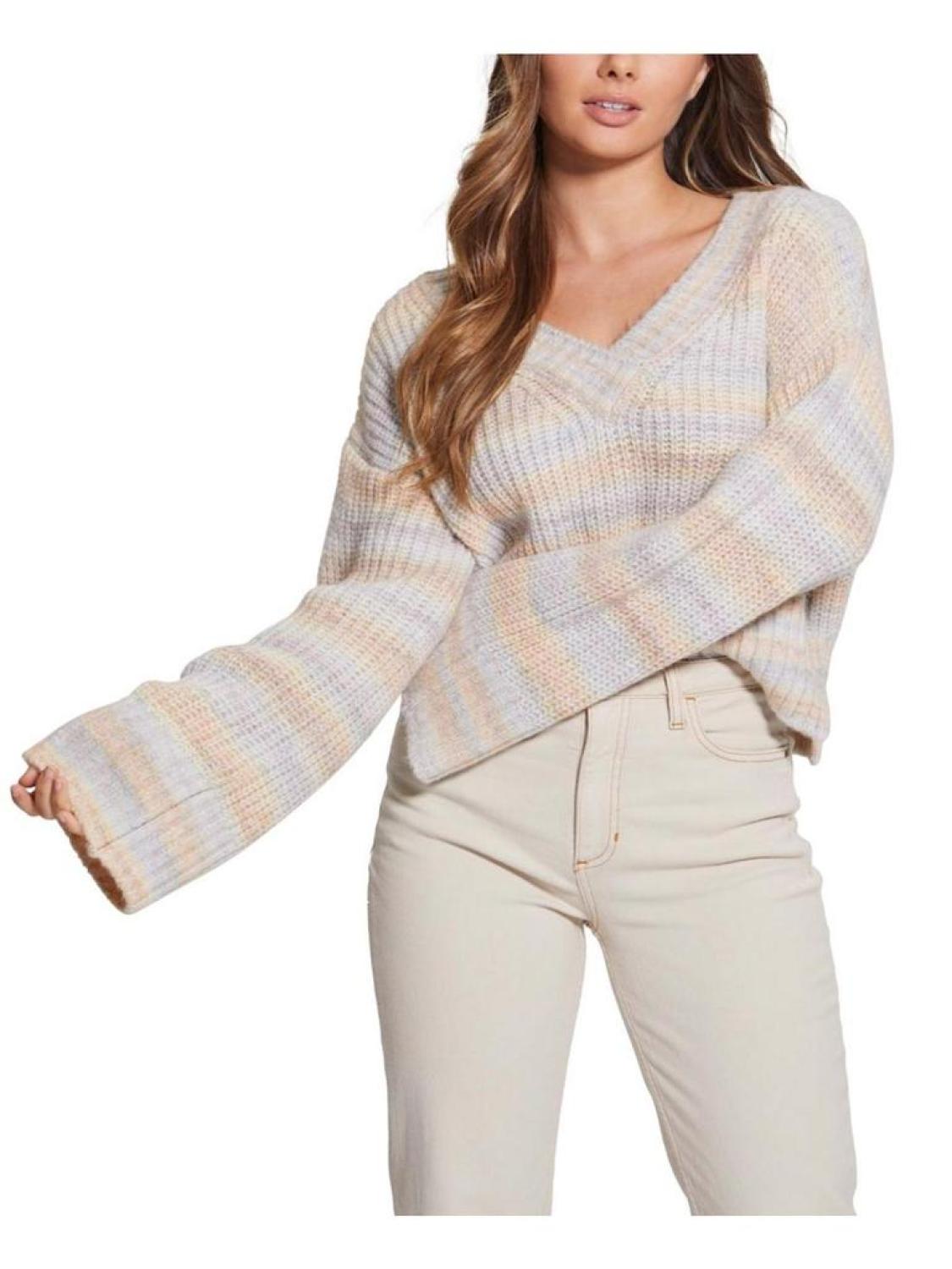 Womens Shaker Knit Striped V-Neck Sweater