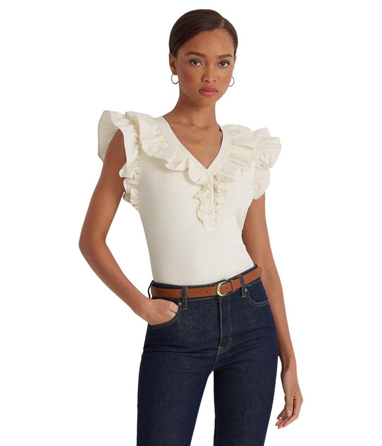 Ruffle-Trim Cotton Sleeveless Top