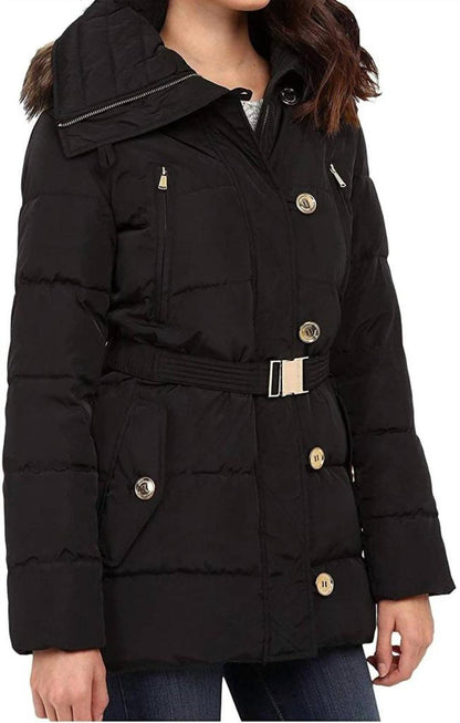 Fur Trim Hooded Down Coat In Black