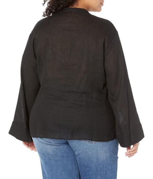 Plus Size Solid Long Sleeve Tie Blouse