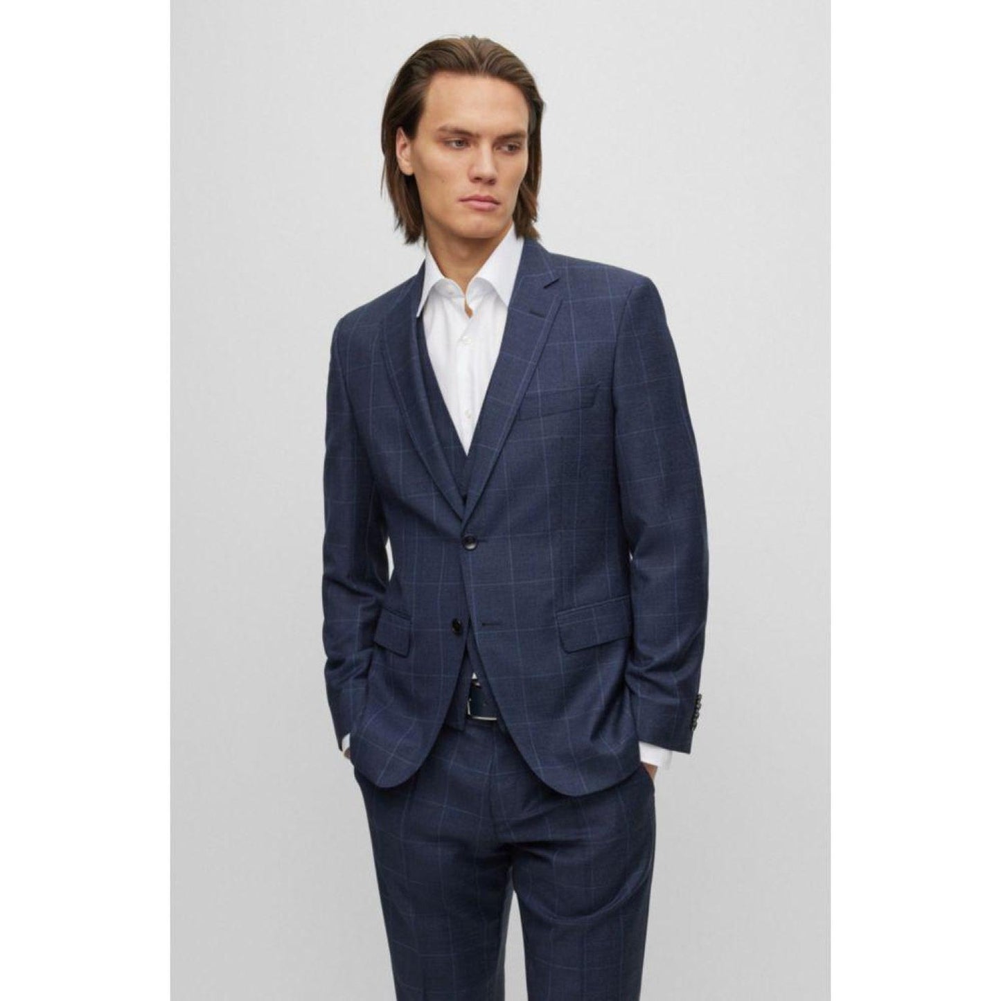 Three-piece slim-fit suit in checked virgin wool