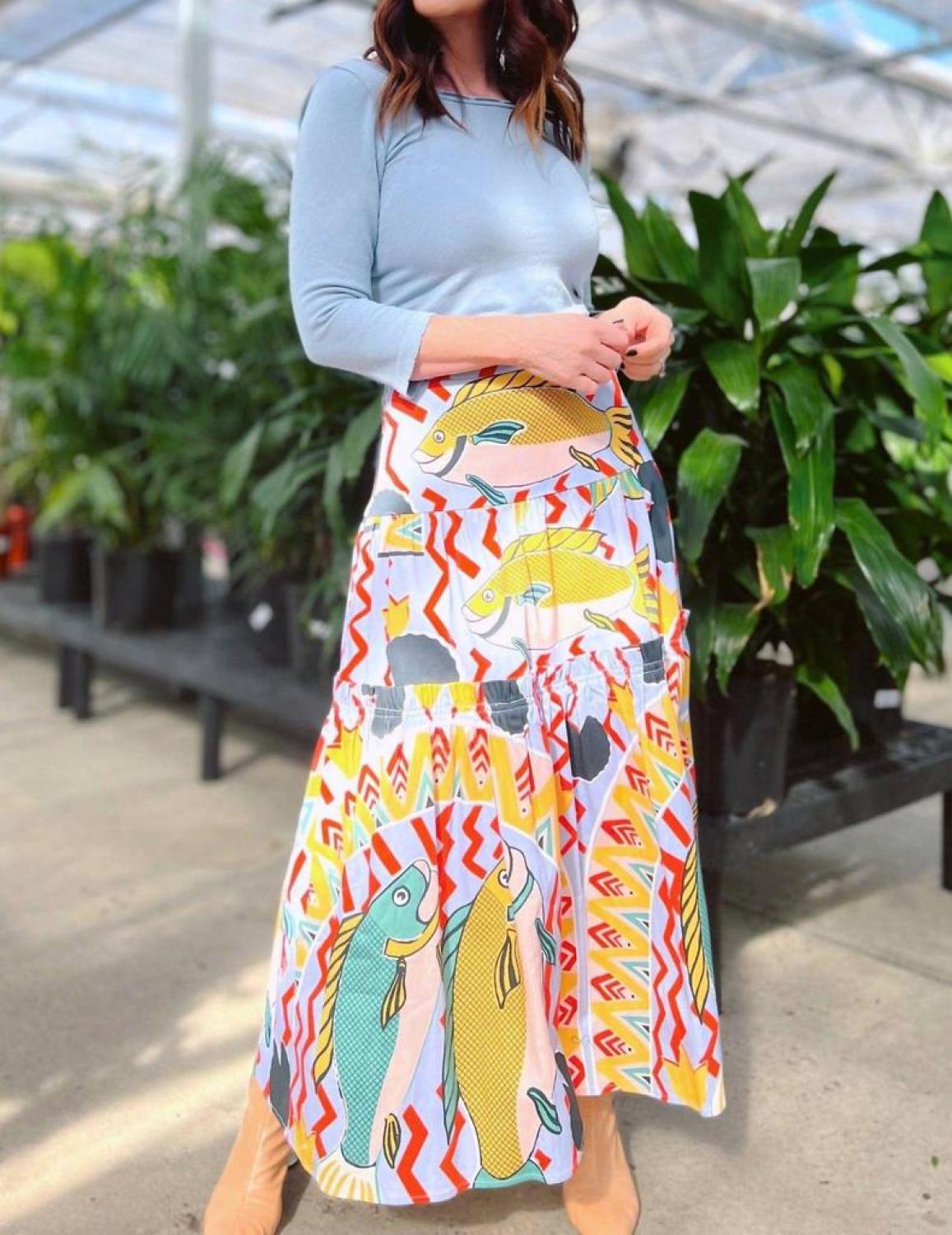 Fish Midi Tiered Skirt In Fun Art Print