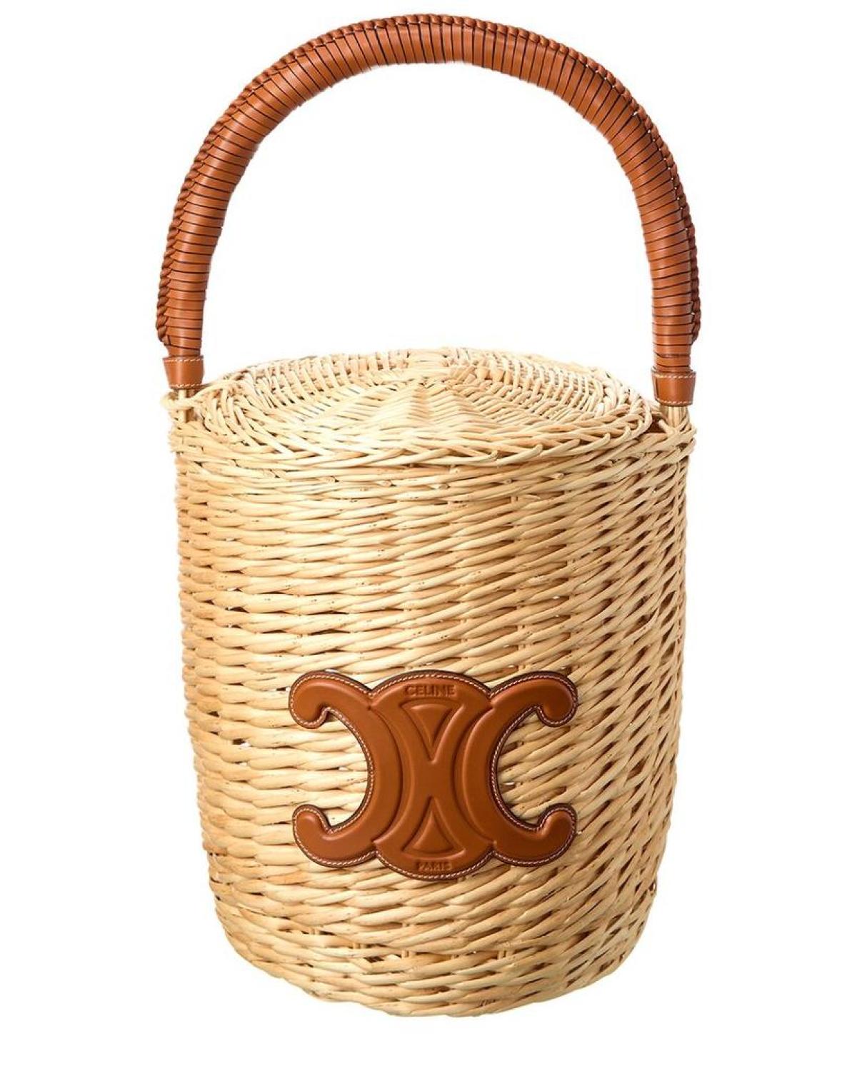 CELINE Logo Wicker & Leather Basket Tote