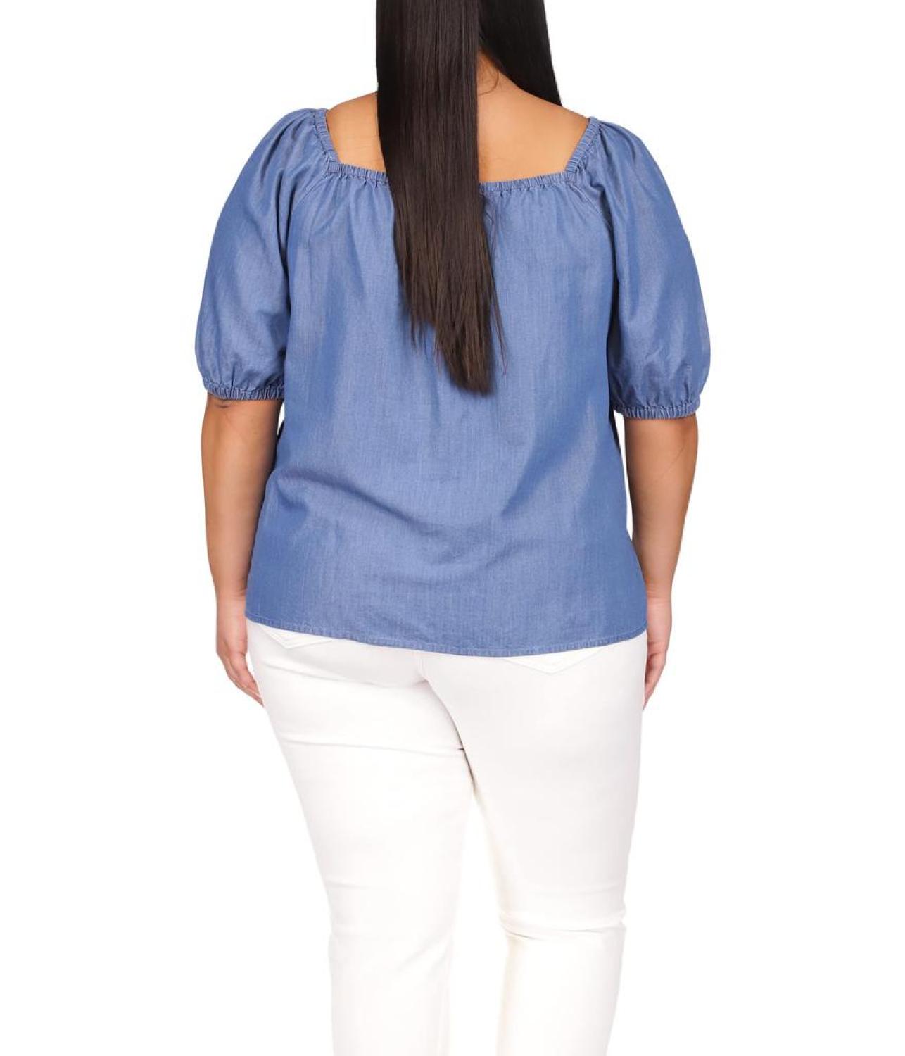 Plus Size Chambray Square Neck Top