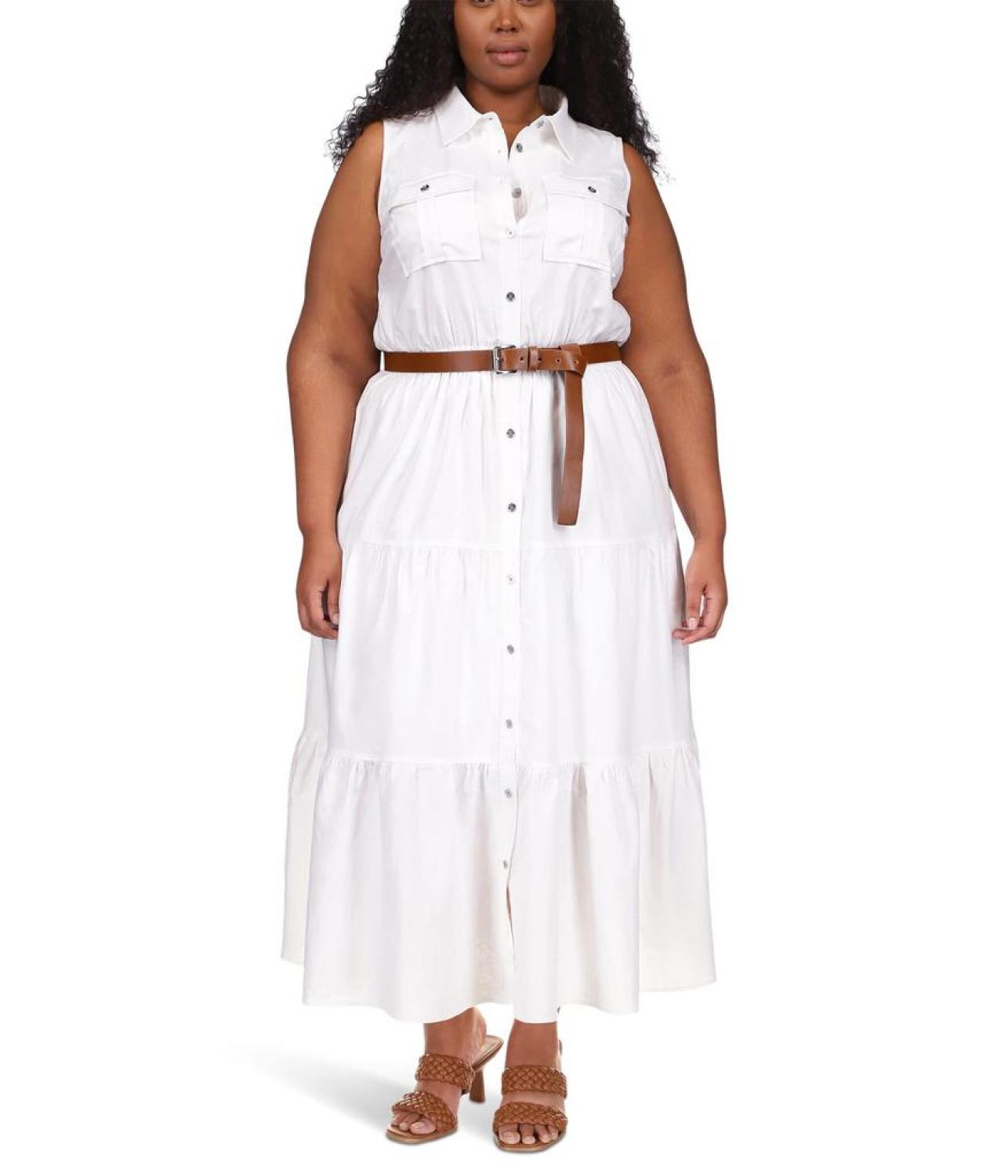 Plus Size Linen Slub Tiered Dress