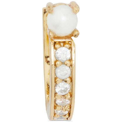 Gold-Tone Extra-Small Pavé & Imitation Pearl Huggie Hoop Earrings, 0.47"