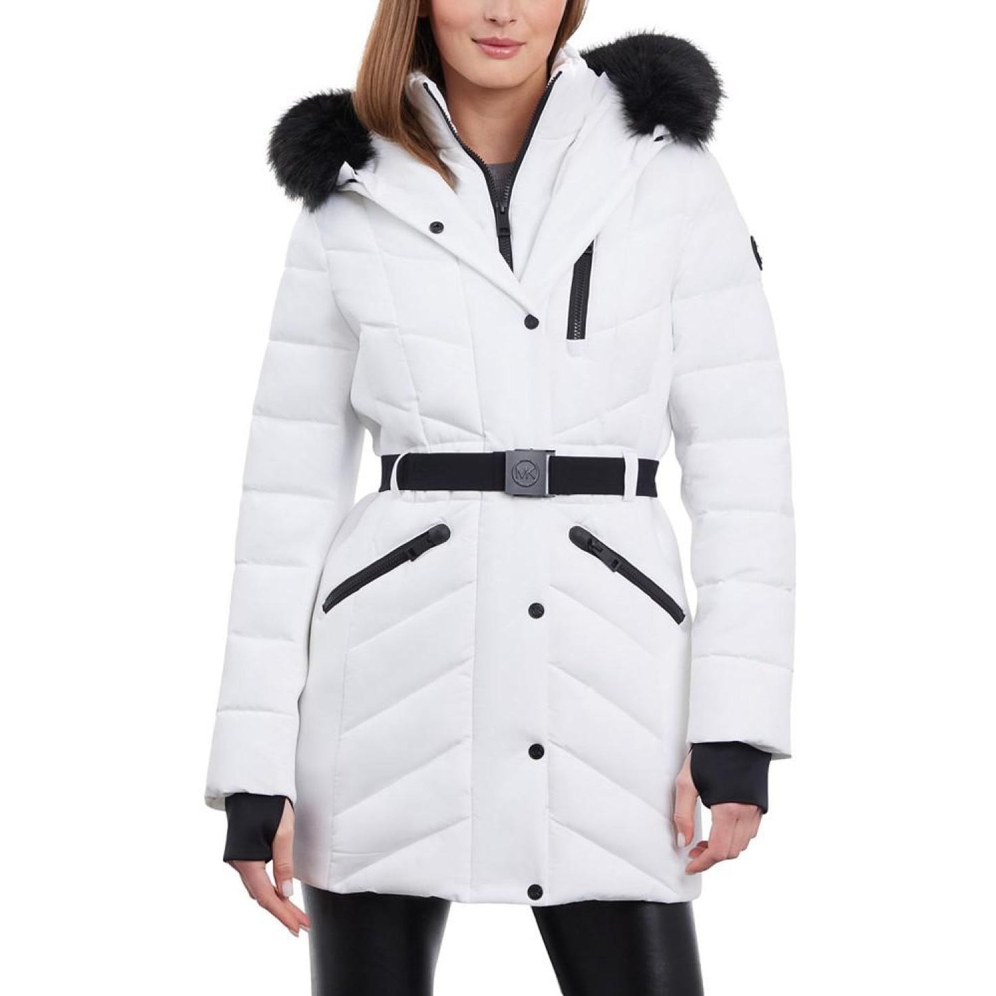 Women's Belted Faux-Fur-Trim Hooded Puffer Coat