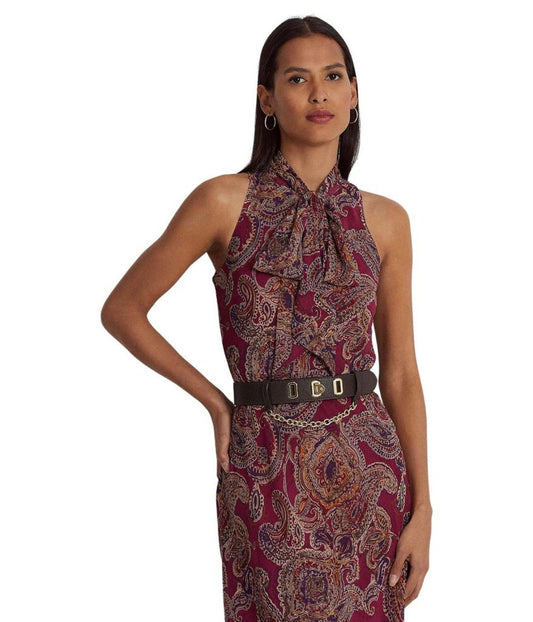 Paisley Crinkle Georgette Tie-Neck Dress