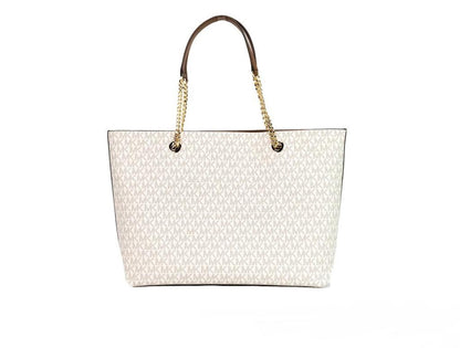 Michael Kors Jet Set Medium ivory Signature PVC Front Zip Chain Tote Bag Women's Purse