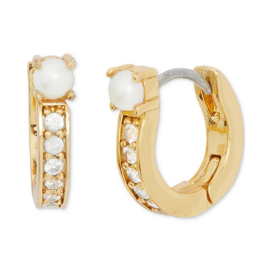 Gold-Tone Extra-Small Pavé & Imitation Pearl Huggie Hoop Earrings, 0.47"