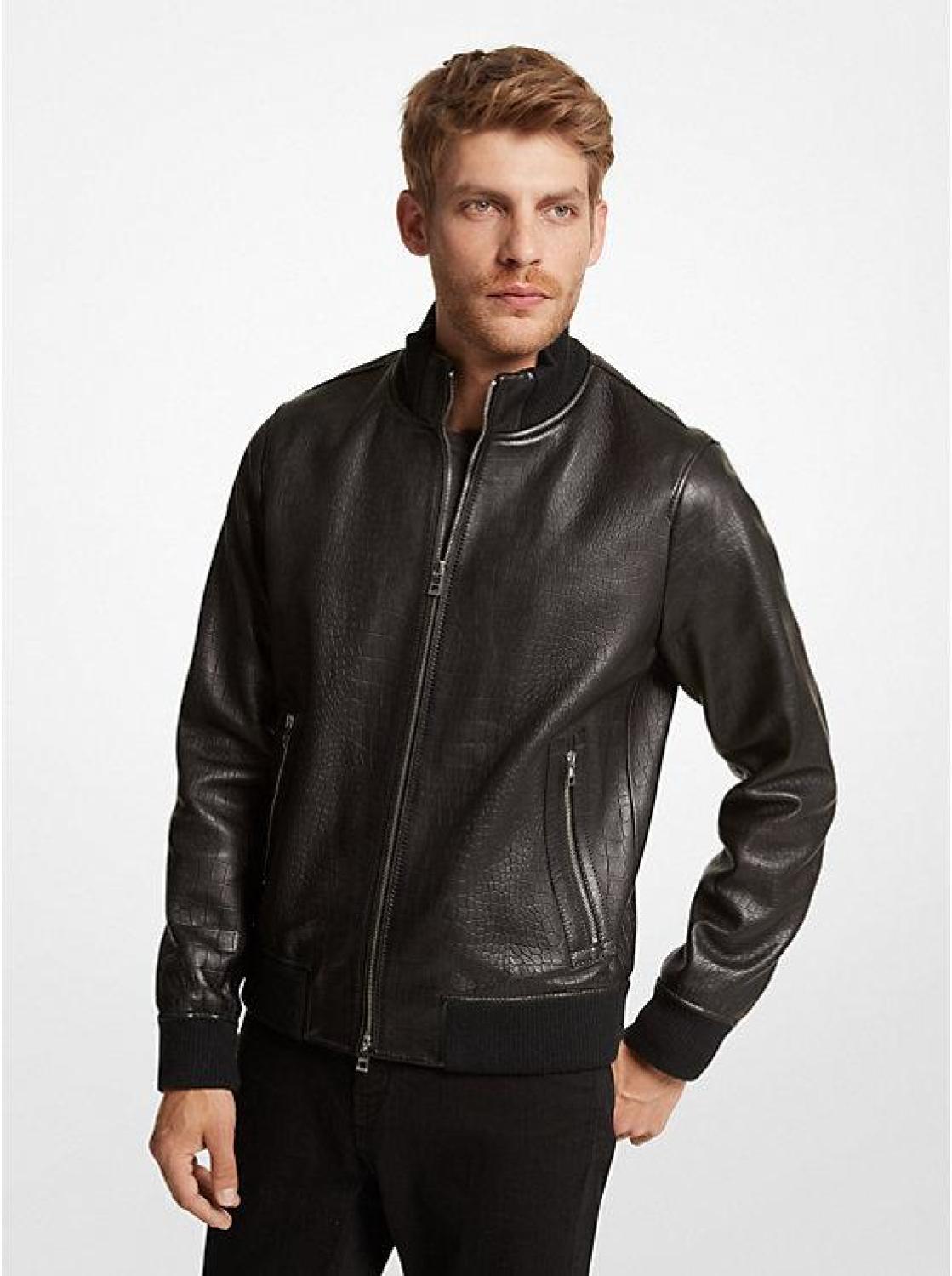 Crocodile Embossed Leather Bomber Jacket