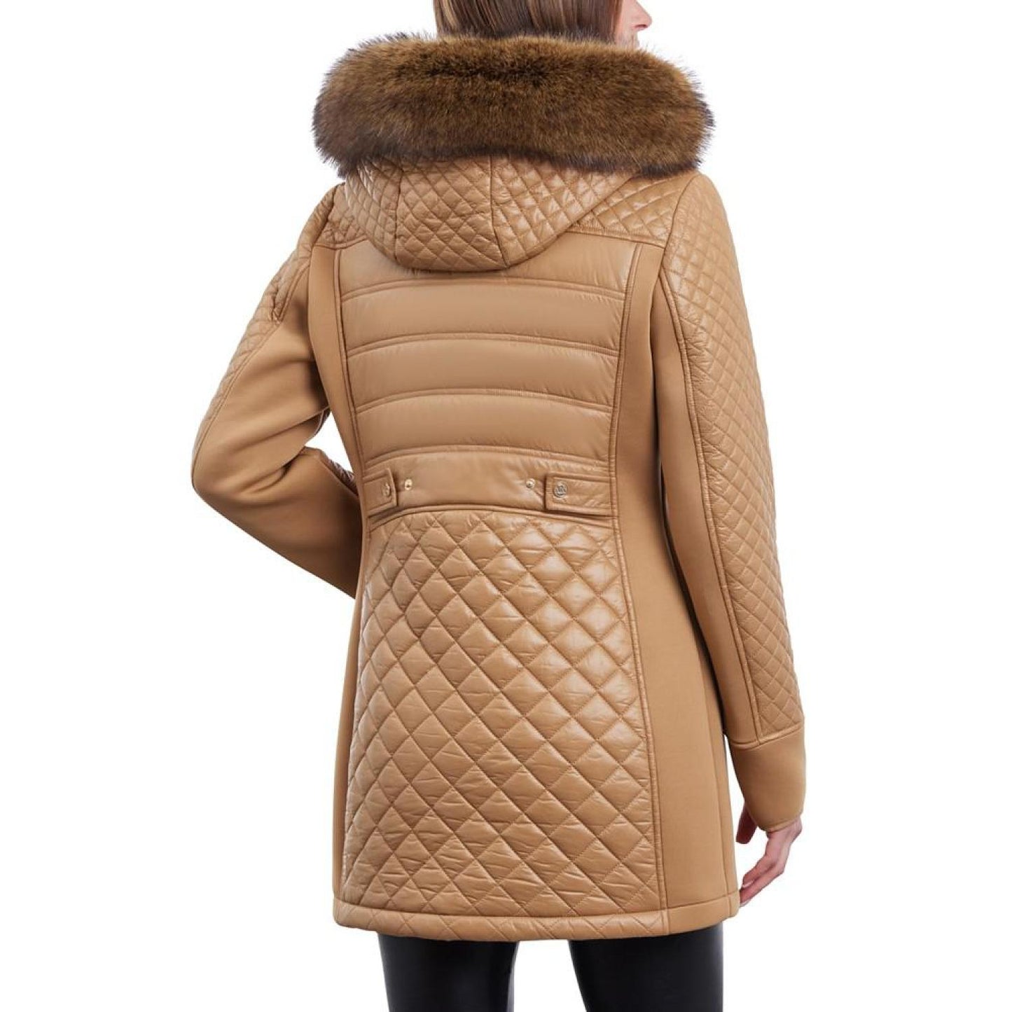 Women's Petite Faux-Fur-Trim Hooded Quilted Coat