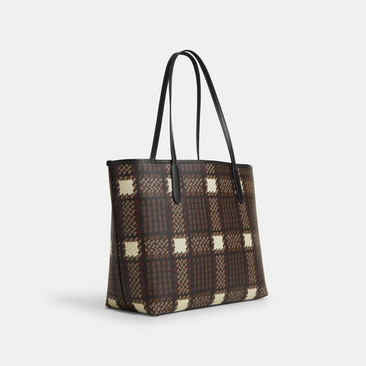 Coach Outlet City Tote With Brushed Plaid Print