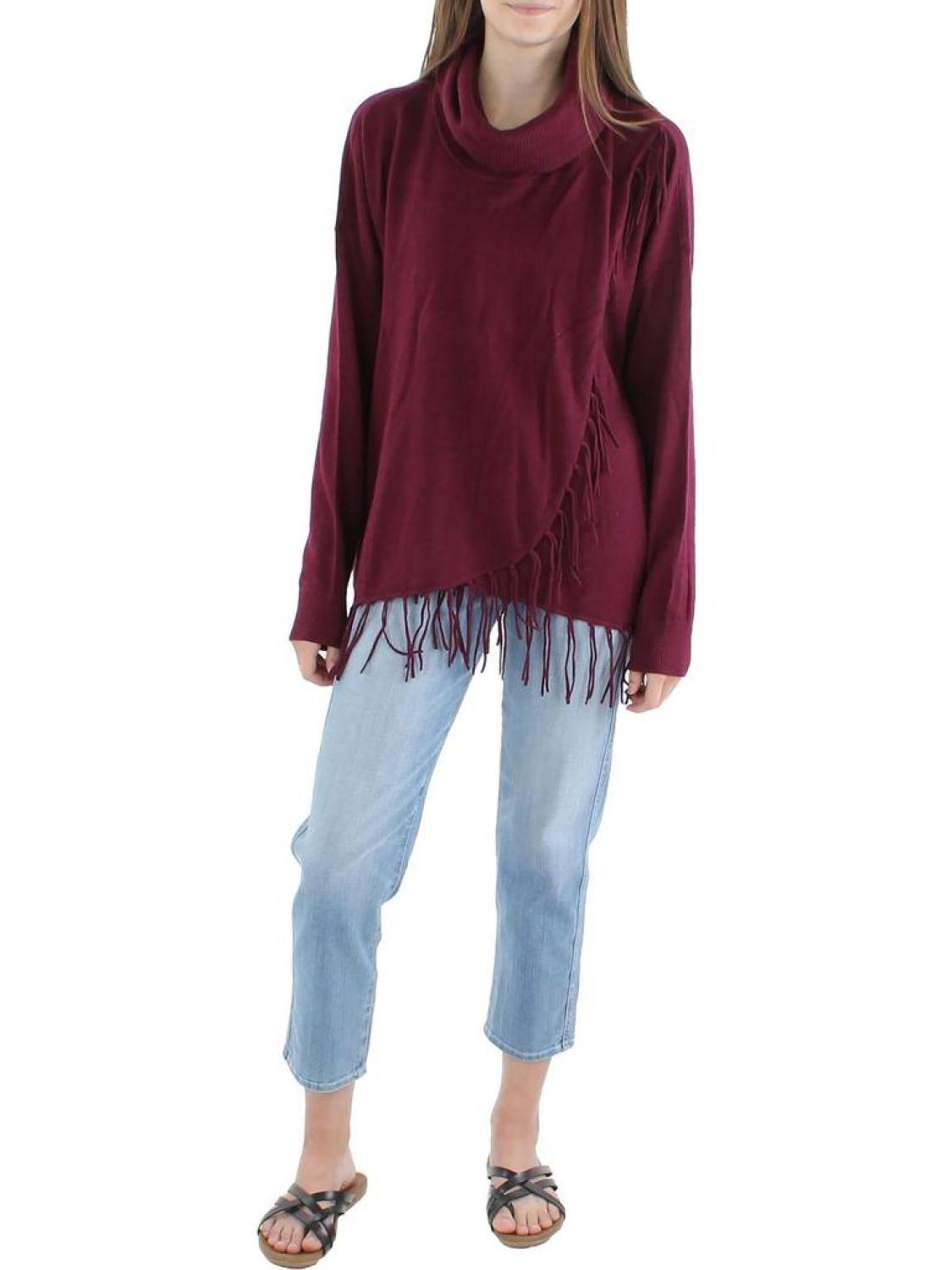 Womens Fringed Cozy Turtleneck Sweater