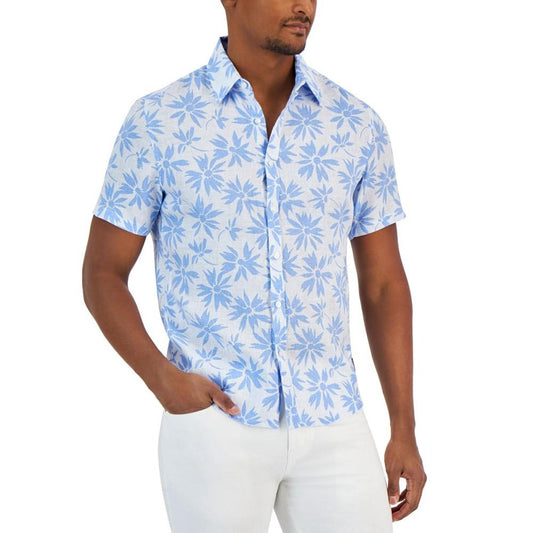 Men's Button-Front Short Sleeve Floral Print Linen Shirt