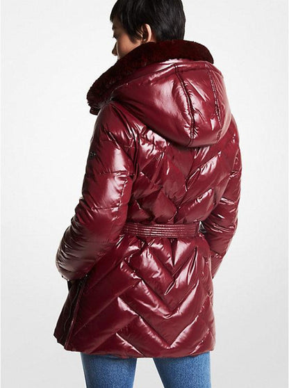 Faux Fur Trim Chevron Quilted Nylon Belted Puffer Coat