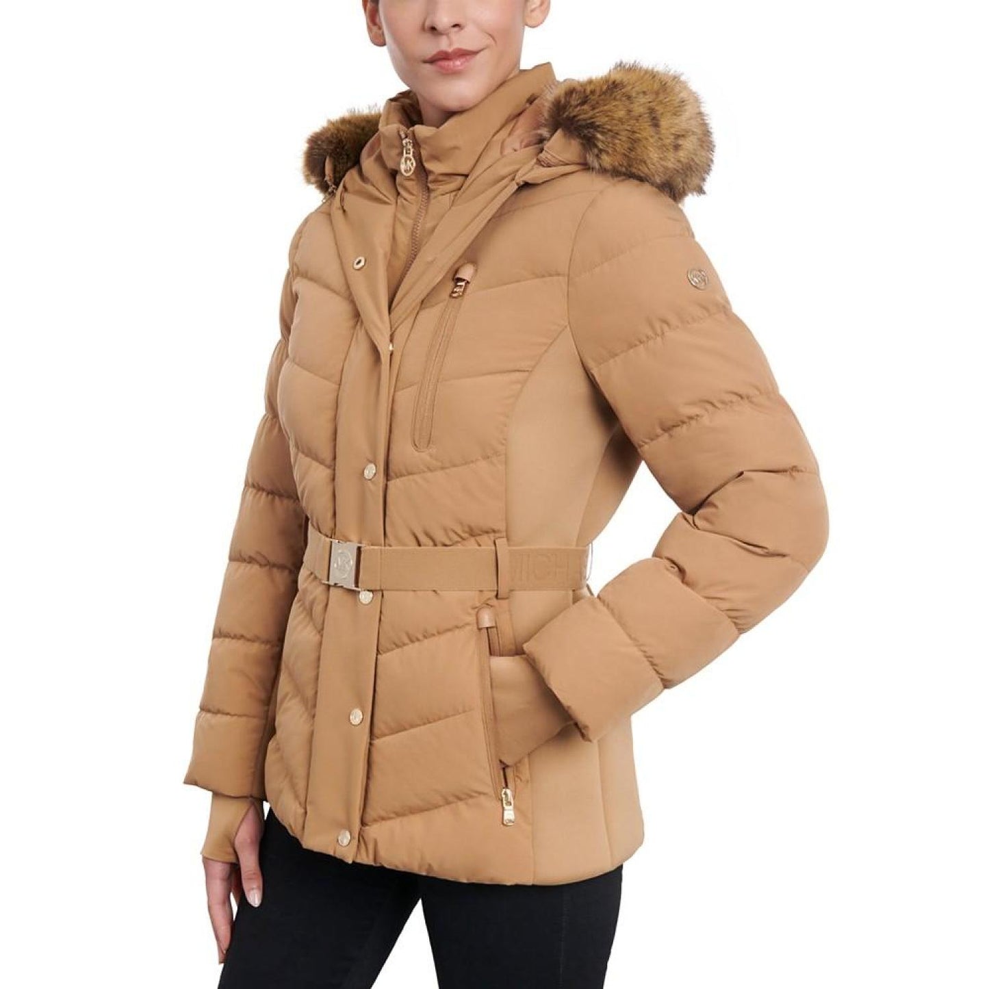 Women's Belted Faux-Fur-Trim Hooded Puffer Coat