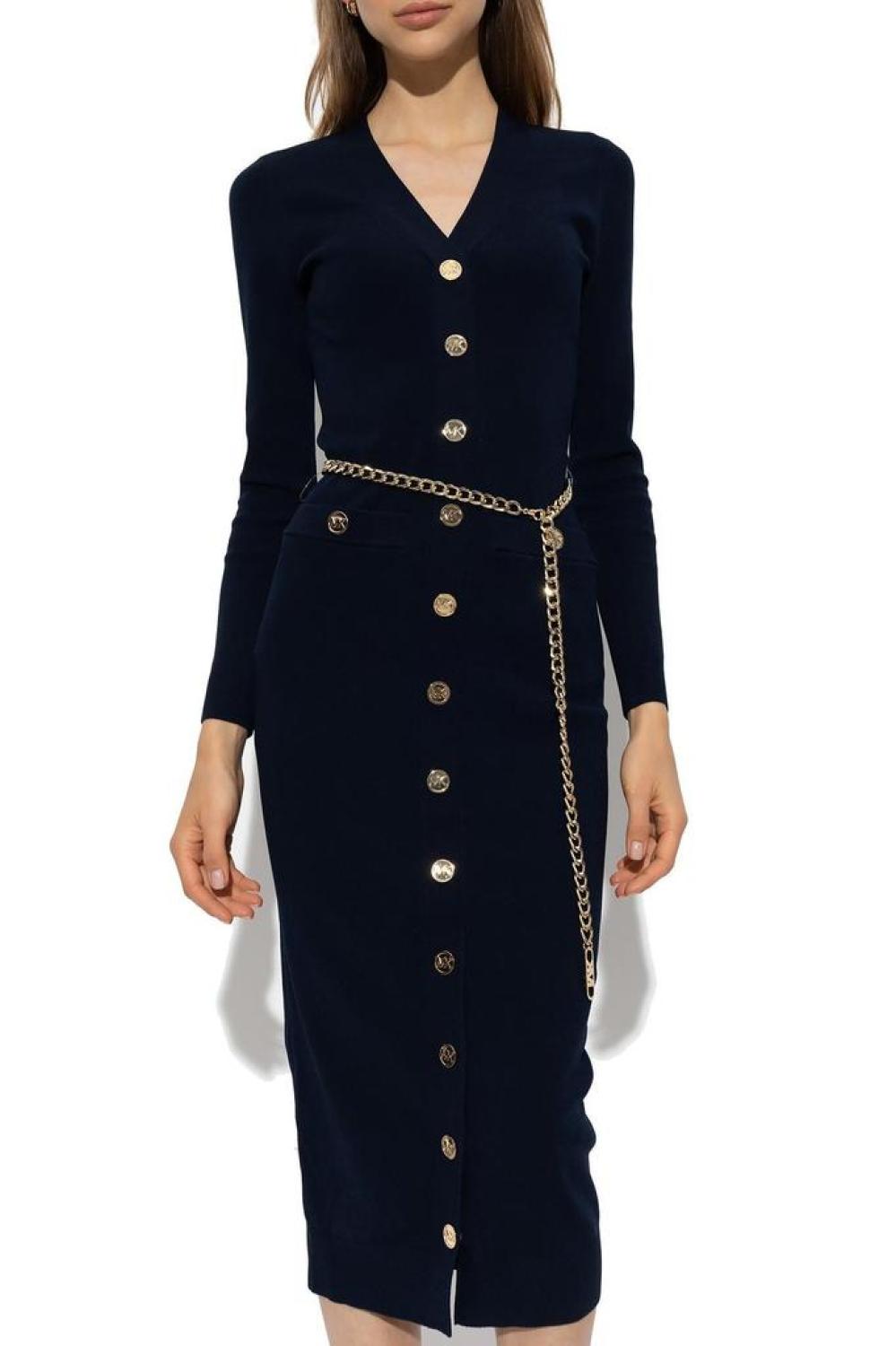 Michael Michael Kors V-Neck Stretch Belted Midi Dress