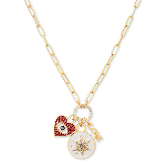 Gold-Tone Crystal & Mother-of-Pearl Evil Eye Heart Multi-Charm Pendant Necklace, 18" + 3" extender