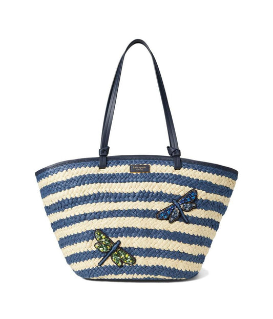 Shore Thing Dragonfly Embellished Striped Straw Large Tote