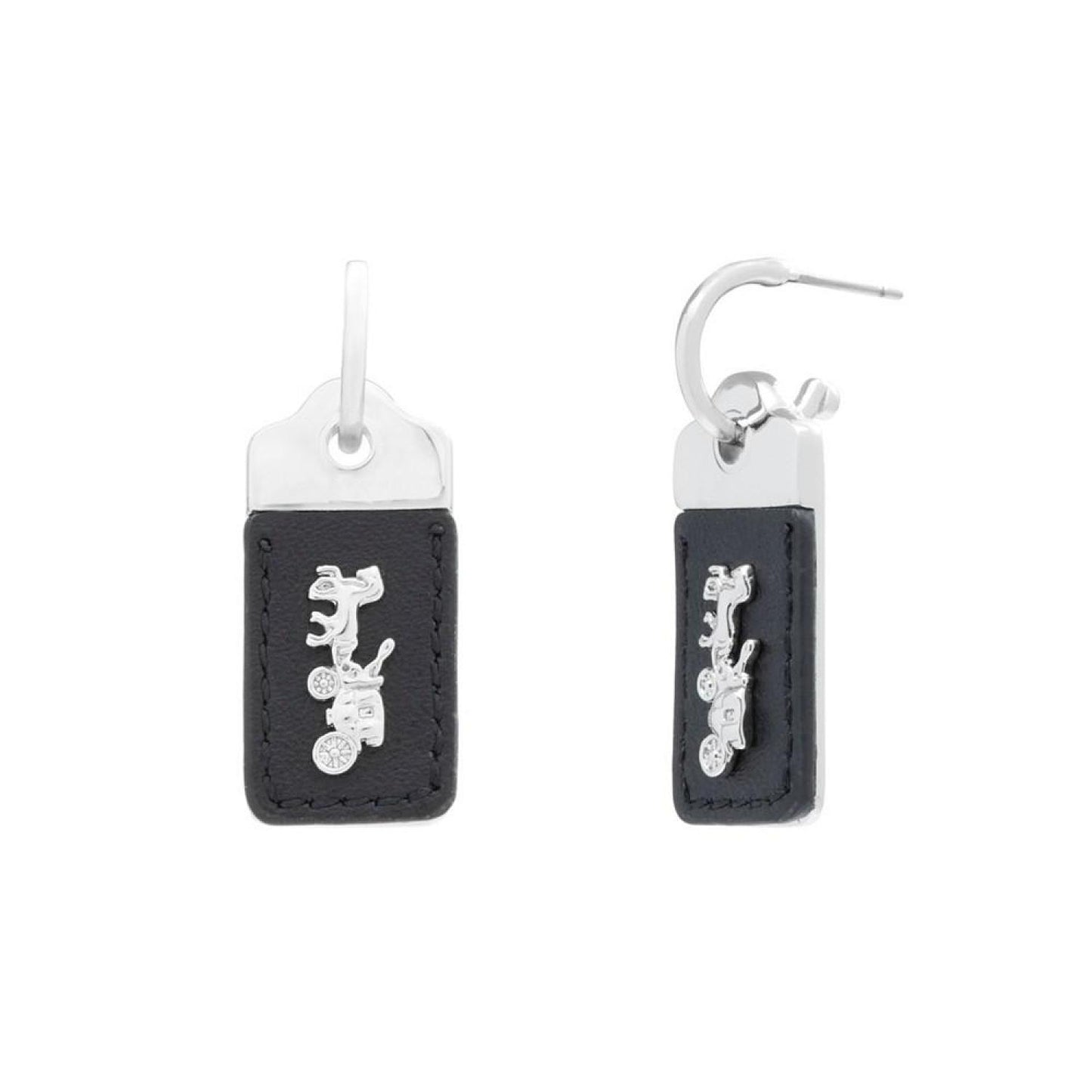 Black Signature Motif Leather Tag Huggie Earrings