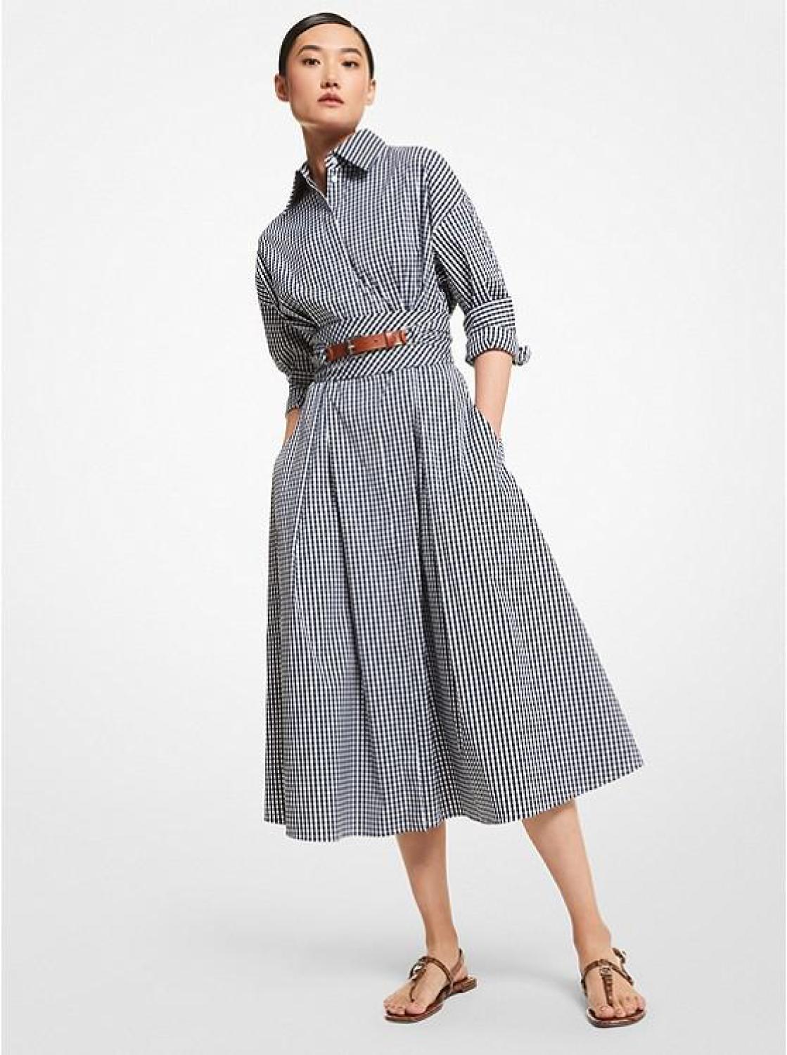 Gingham Stretch Cotton Poplin Shirtdress