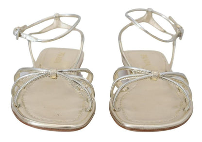 Prada Metallic Leather Sandals Ankle Strap Flats Women's Shoes