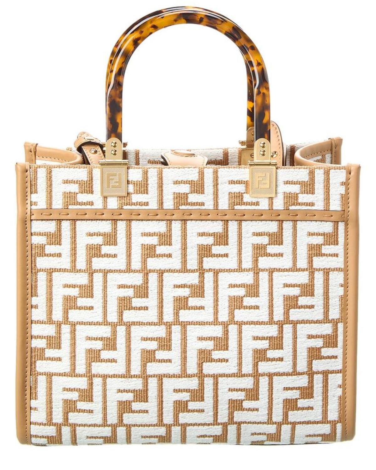 FENDI Sunshine Small Raffia & Leather Tote